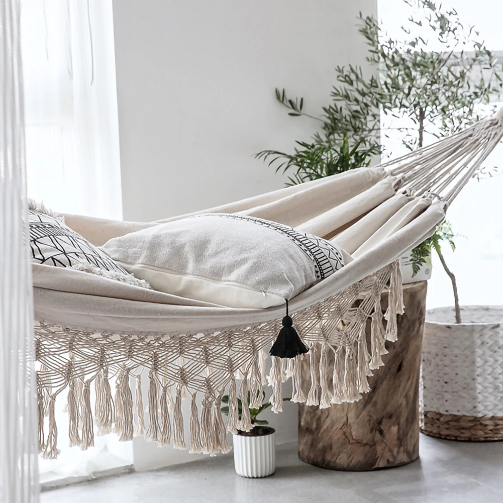 Large 2 Person  Throw Pillows Included Hammock Boho Style Brazilian Macrame Fringed Deluxe Double Hammock Indoor Hanging Swing