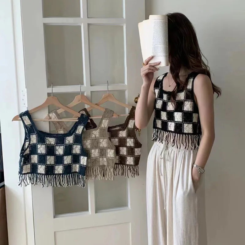 Boring Honey Retro Check Summer Clothes For Women Tassels Hollow Out Knitted Sleeveless Corset Tops Square Collar Crop Top Women