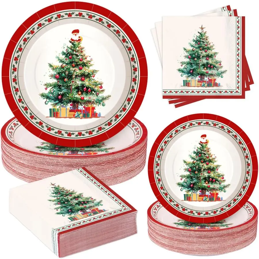 

Christmas Paper Plates and Napkins, Christmas Tree Plates and Napkins, Xmas Party Decorations Supplies Disposable Holiday Dinner