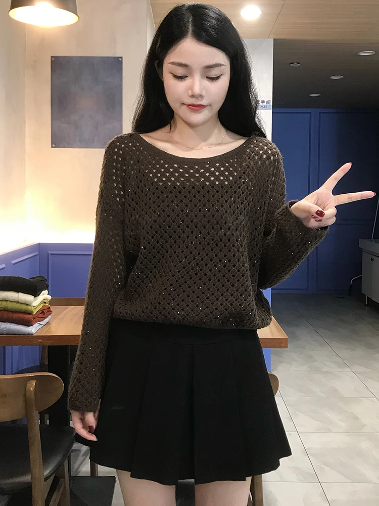 เสื้อสเวตเตอร์ถักไหมพรมผู้หญิงระดับไฮเอนด์ ดีไซน์หลวมสบาย ทรงหลวม ดีไซน์โปร่ง แขนยาว คอกลม เหมาะสำหรับฤดูใบไม้ร่วง แฟชั่นสตรีทแวร์