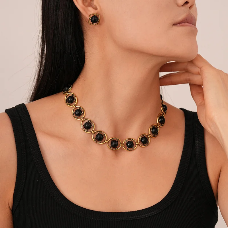 2-piece vintage oval stone beads charm choker stud Jewelry Suite wholesale