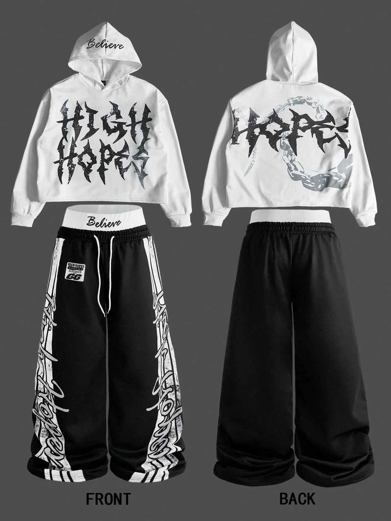 White Cropped Hoodie And Black Wide Leg Pants Set Streetwear Casual Outfit