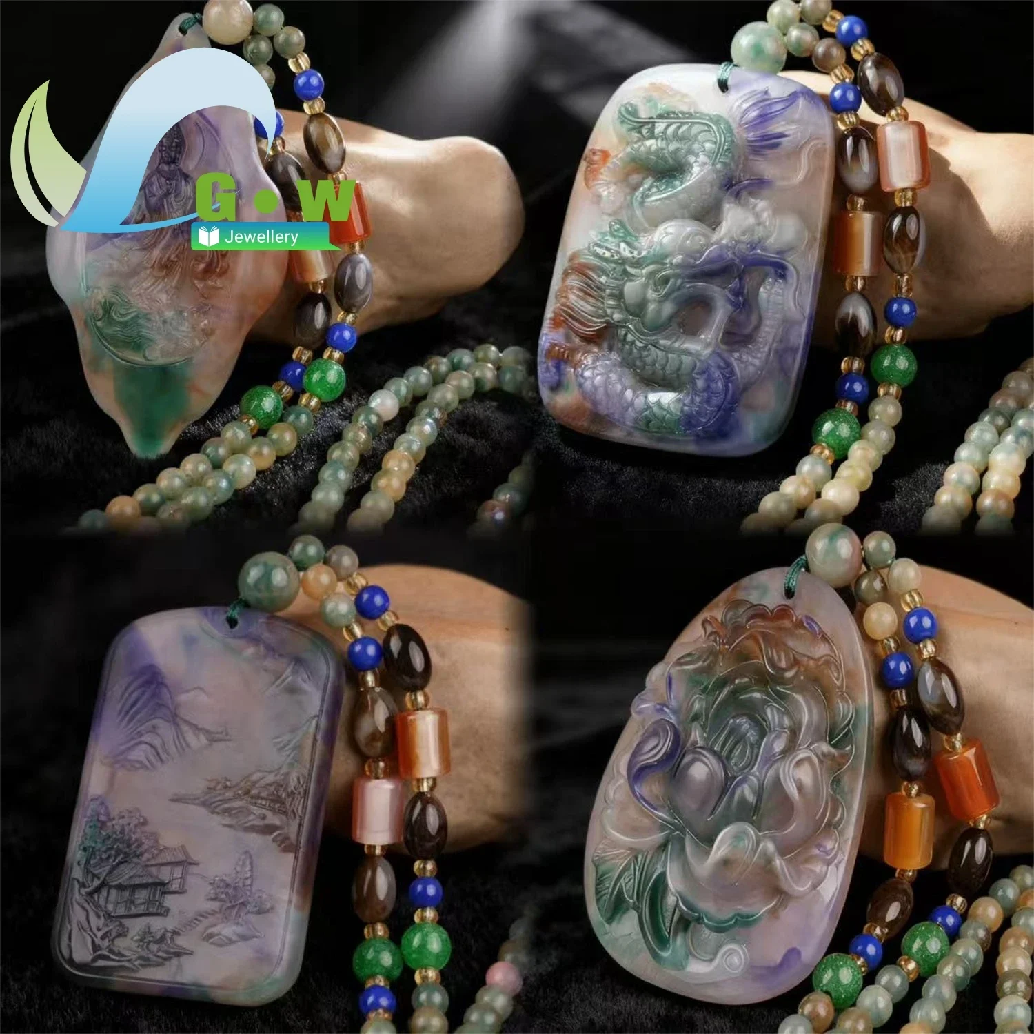 Rainbow Spotted Stone Carved Pendant Sweater Chain Necklace for Women Men Dragon Plaque Ethnic Jewelry Heavy Chunky Gift