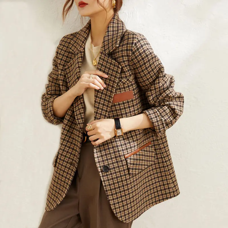 

Autumn and Winter Coats for Women Sense of Luxury Lazy Style Leisure Korean Version Loose Lattice Wool Coat Fashion Temperament