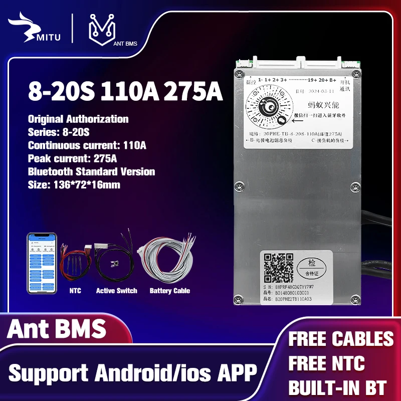 Smart ANT BMS T8S 20S 110A 275A 9S 10S 11S 12S 13S 14S 15S 16S 17S 24V 36V 48V 60V 72V Lifepo4 li-ion LTO Bluetooth APP Balance