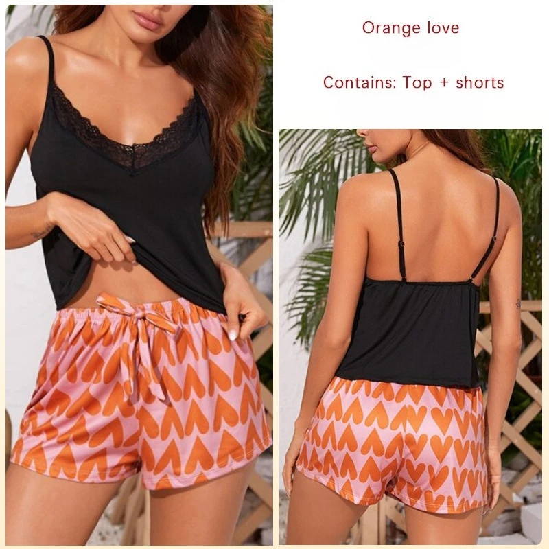 Krismile Summer Casual Pajama Sets for Women 2025 Sexy Lace Breathable Vest Top Print Drawstring Shorts Two Pcs Women Clothing