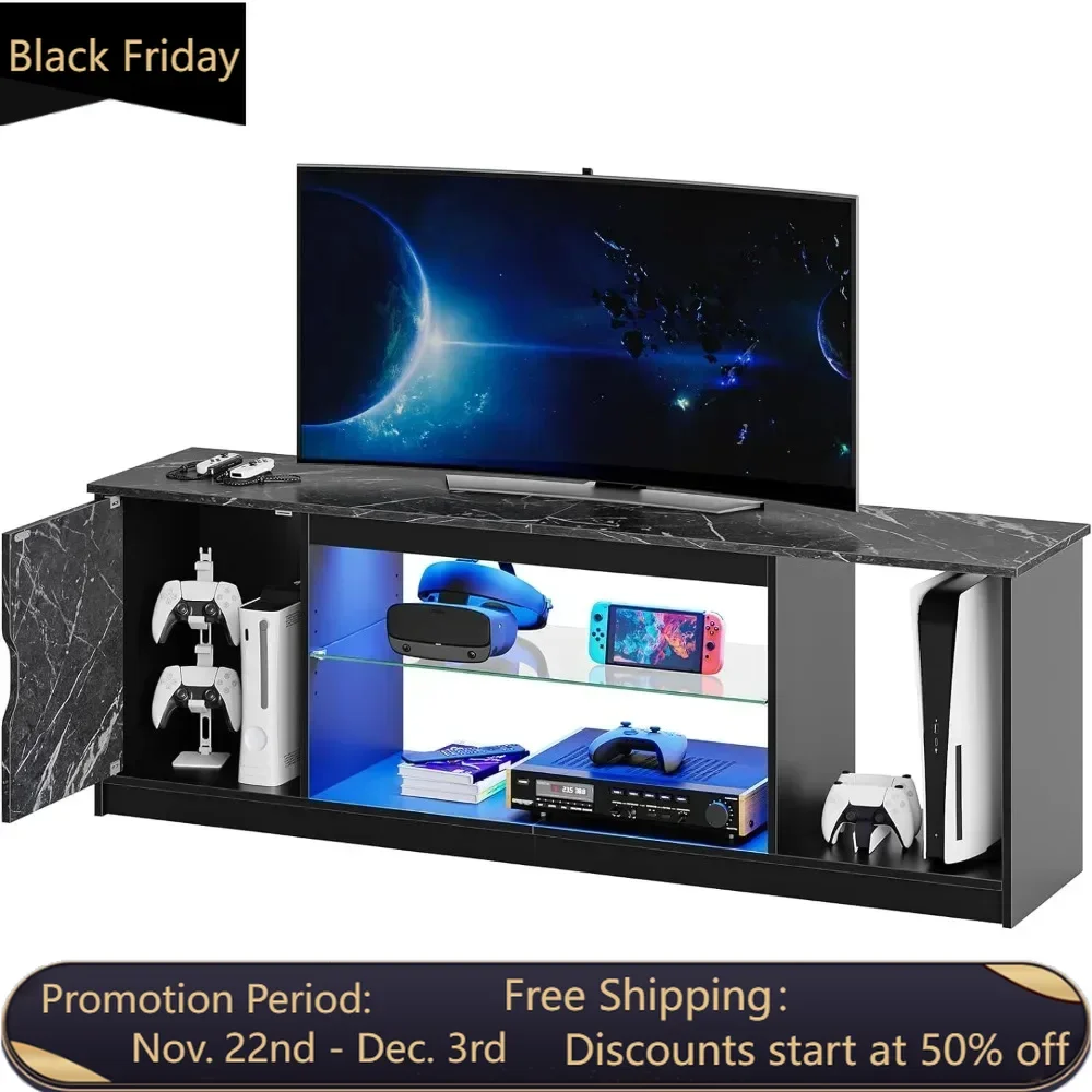 Modern gaming and entertainment center with 60/65 inch TV cabinet and TV console with adjustable glass frame，Carbon Fiber Black