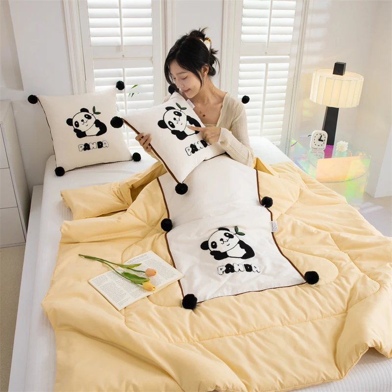 

New Fashionable Bamboo Charcoal Towel Stitched Pillow Cover Cartoon Panda Design Multi-Functional Car Nap Blanket Two-In-One