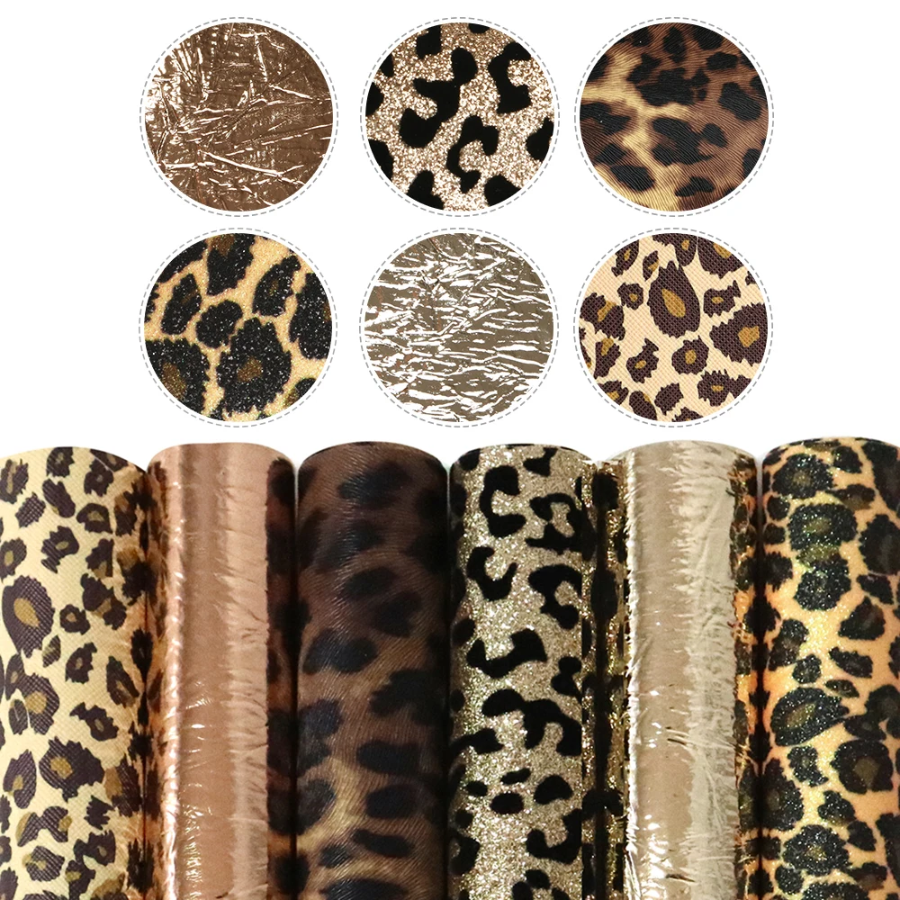 Leopard Cow Assorted Faux Synthetic Leather Sheet Fabric Set 20*33cm for Book Cover Bows DIY Handmade Material,1Yc22561