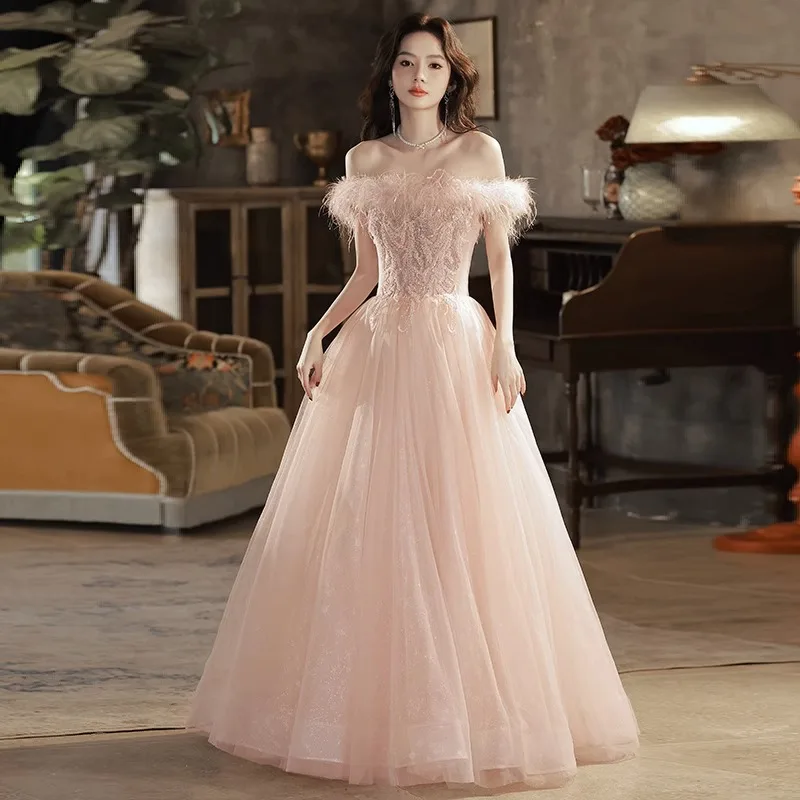 

One Shoulder Feather Evening Dress for Women Strapless Applique Tulle Bandage Floor Length A-line Gown Engagement Princess Dress