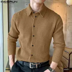 INCERUN Men Shirt Solid Color Lapel Long Sleeve Knitted Autumn 2024 Casual Men Clothing Streetwear Korean Fashion Male Shirts