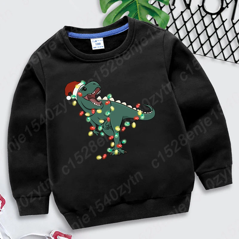 Christmas Light Dinosaur Print Hoodless Sweatshirts For Kids Casual Children Girls Boys Sweatshirts Autumn Winter Kids Pullovers