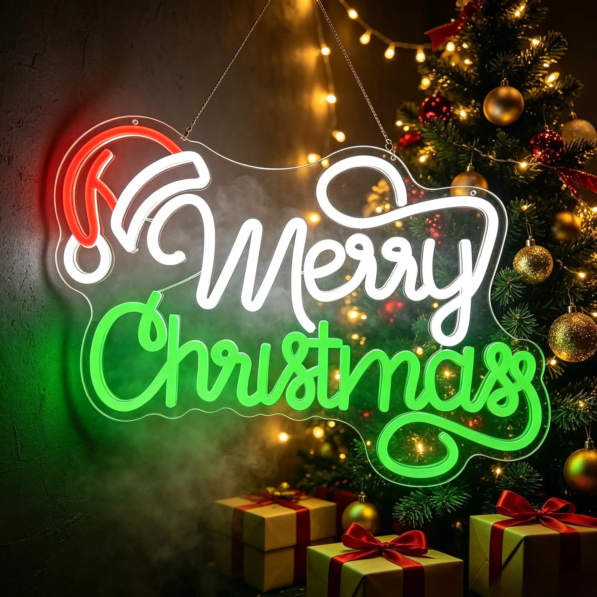 Merry Christmas With Santa Hat Neon Sign USB Dimmable LED Lights For Home Bedroom Xmas Party Bar Club Wall Hanging Art Gifts