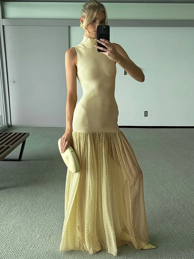 Trendix Women Slim Elegant Maxi Dress Summer Fashion High Neck Patchwork See Through Long Dress Street Casual Party Sexy Dress