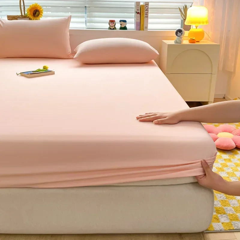 Soft Fitted Bed Sheet with Elastic Band Solid Color Mattress Cover for Single Double King Queen Bed 140/150/160/180/200