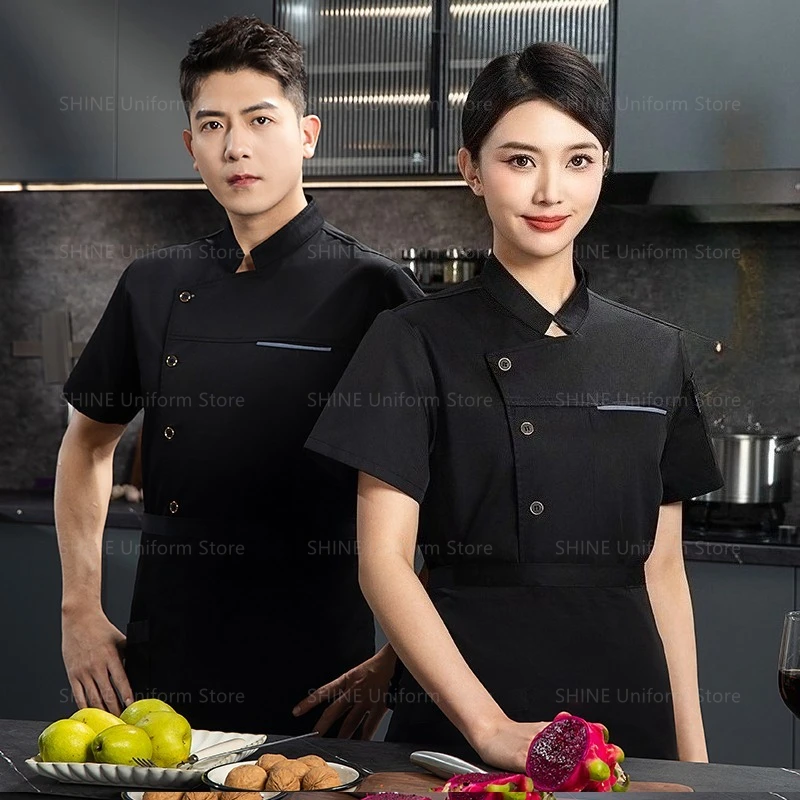 فندق المطبخ الطبخ معطف الصيف سترة الطاهي المئزر رئيس قصيرة الأكمام الشيف موحدة الرجال معطف الشيف الأسود شعار مطعم الملابس