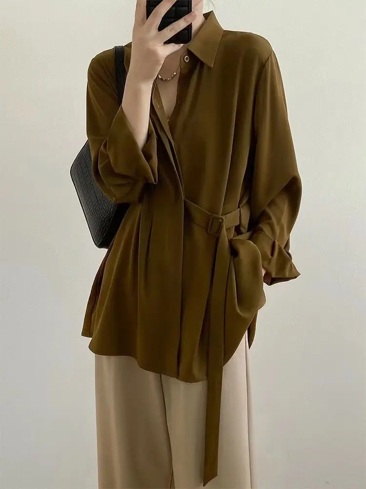 Early Spring Loose Fit Long Sleeve Women's Shirt Design Sensation Small Audience V-Neck Button up Polyester Blend Casual Wear