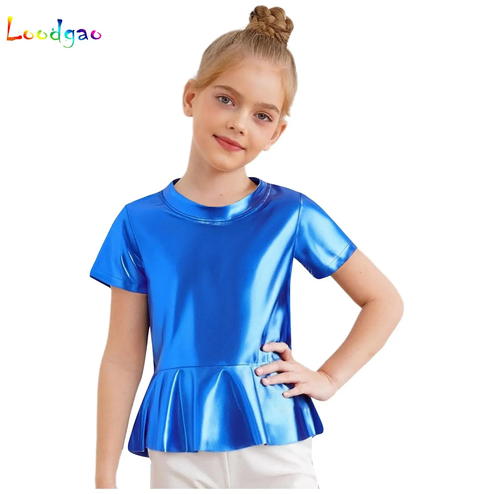

Girls Metallic Shiny T-shirts Cheerleading Jazz Dance Crop Tops Short Sleeve Blouse Dancewear for Hip Hop Modern Performance