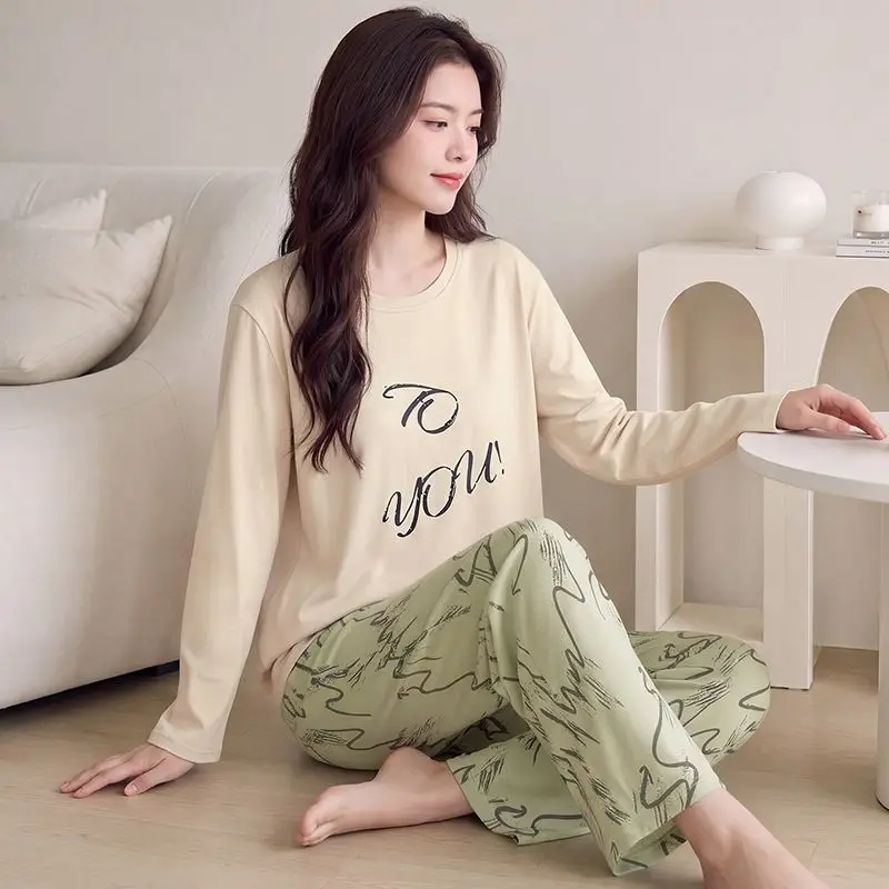 2026 Autumn Long Sleeve 100% Cotton Print Pajama Sets for Women Korean Loose Sleepwear Pyjama Homewear Pijama Mujer Home Clothes 2