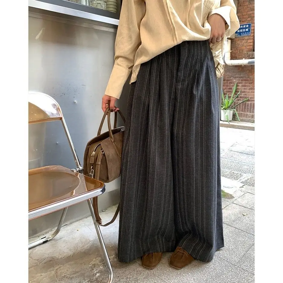 Simple Elegant Daily Commute Striped Wide-Leg Pants for Women Early Autumn New High-Waisted Slimming Floor-Length Pants