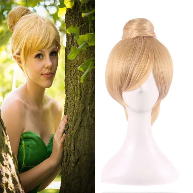 30Cm Short Blonde Cosplay Fairy Tinker Bell Full Wigs For Women Princess Tinkerbell Adult Size Synthetic Hair Wig C MN9