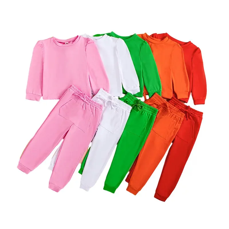 2 Pieces Kids Girls\' Solid Color Hoodie & Pants Set Long Sleeve Active Outdoor 1-8 Years Fall White Light Green Pink