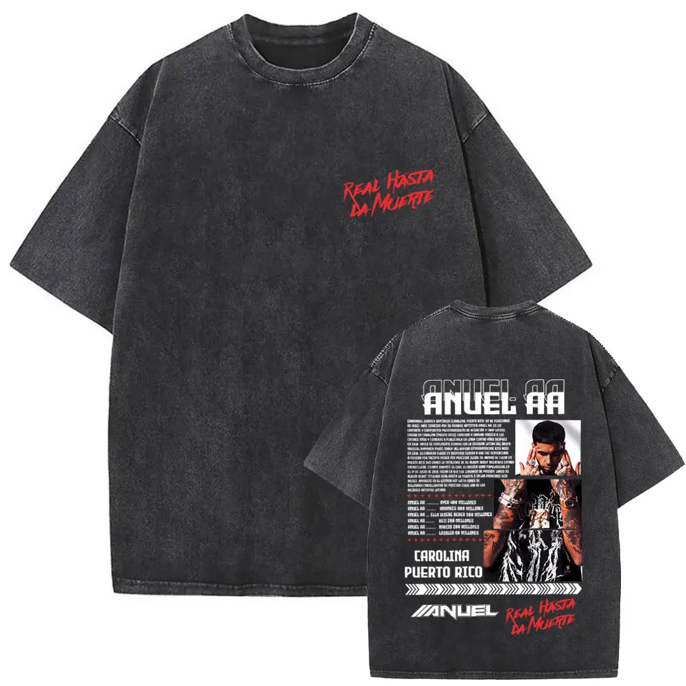 

Washed Vintage Rapper Anuel AA Real Hasta La Muerte T Shirt Men Women Hip Hop Oversized T-shirt Male Fashion Trend T-shirts Tops