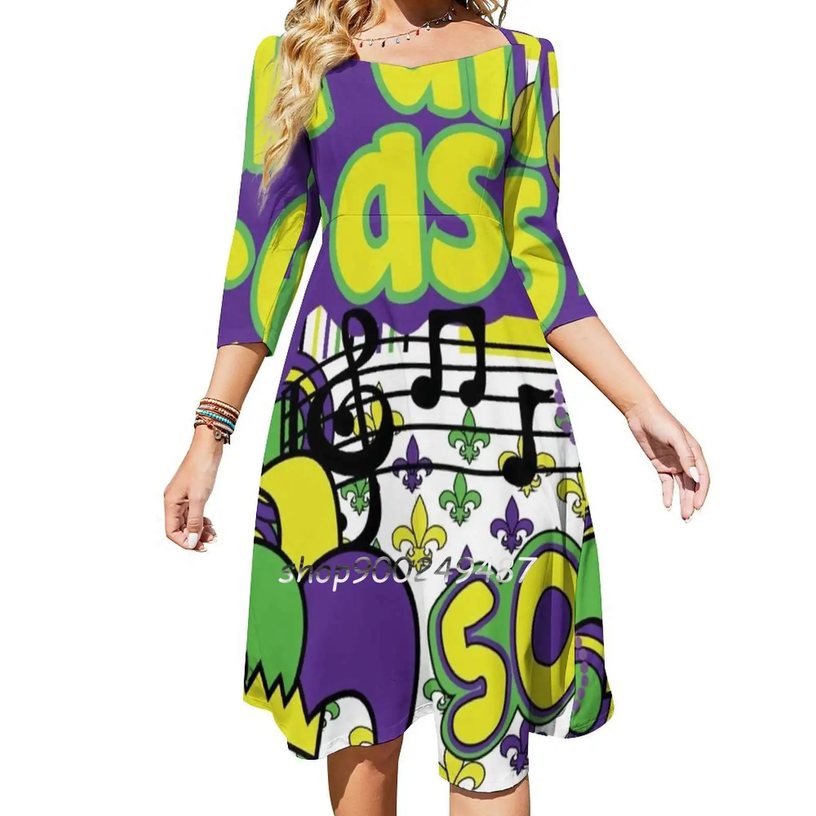 Mardi Gras Flare Dress Square Neck Dress Elegant Female Fashion Printed Dress Mardi Mardi Gras Tulane Carnival Boot Pizza Fat