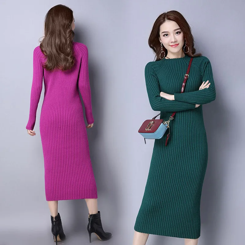 Schlanke langärmlige gestrickte einteilige Kleid sexy Frauen Herbst Winter koreanische Pullover Kleider Midi Bottom ing Bodycon Vestidos neu