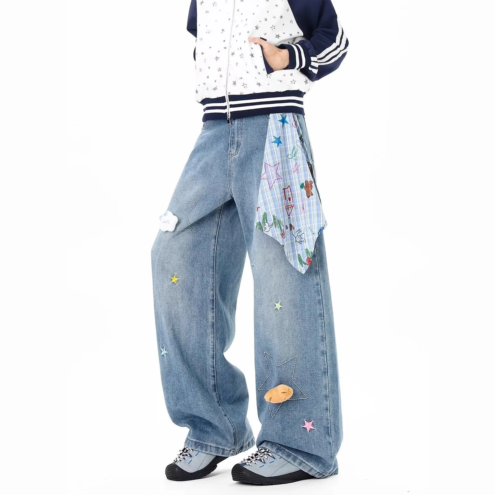 

Dopamine Star Embroidery Curved Jeans Retro Distressed Wide Leg Pants Loose Casual Denim Trousers for Women and Men