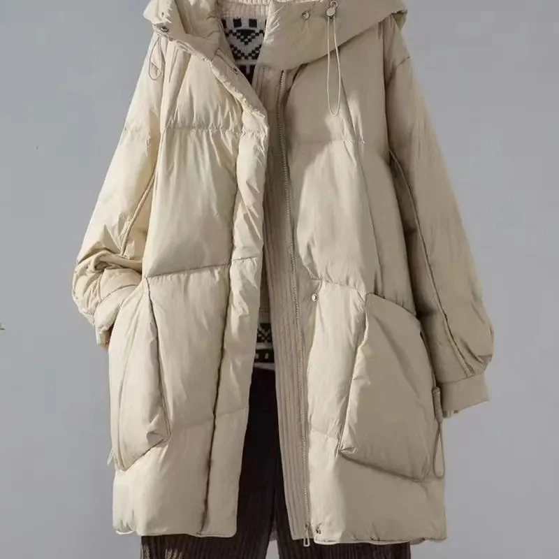

Down Cotton Padded jacket women Parkas 2025 winter new hooded Mid-Length Pockets thick Warm cotton Clothes loose overcoat