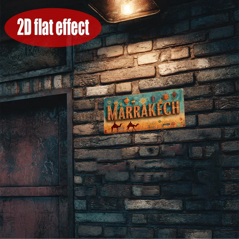 2D Flat, 1pc Vintage  Metal Sign Plate Cover - Marrakech Desert Caravan Sign with Lanterns & Market Theme, view 4