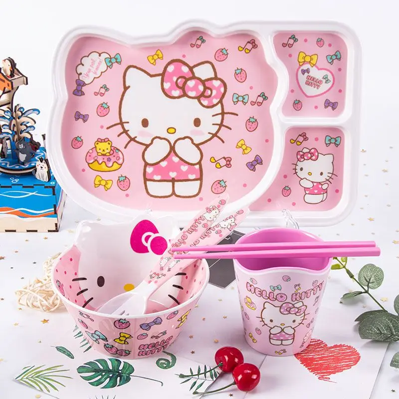

Hello Kittys Children's Tableware Set Cartoon Sanrios Cute Plate Fork Spoon Safe Material Anti-Scalding Home Plate Fruit Plate