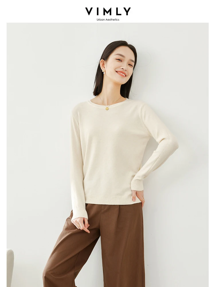 Vimly Apricot O-neck Knitted T-shirt Women's Long Sleeve Top 2023 Autumn Winter Solid Slim Pullovers Casual Female T Shirt 16280