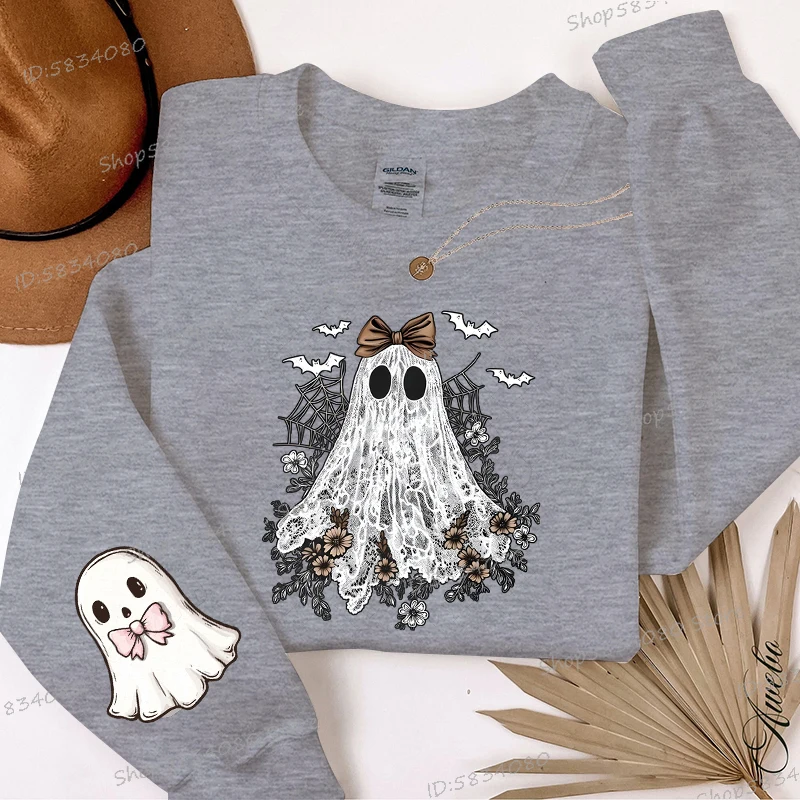 เสื้อสเวตเตอร์ลูกไม้ผีน่ารักฮาโลวีนจัมเปอร์ลายดอกไม้ผีสุดหลอนฤดูกาลเสื้อสำหรับผู้หญิงใหม่ฮาโลวีนเสื้อคลุมมีฮู้ดผีน่ารัก