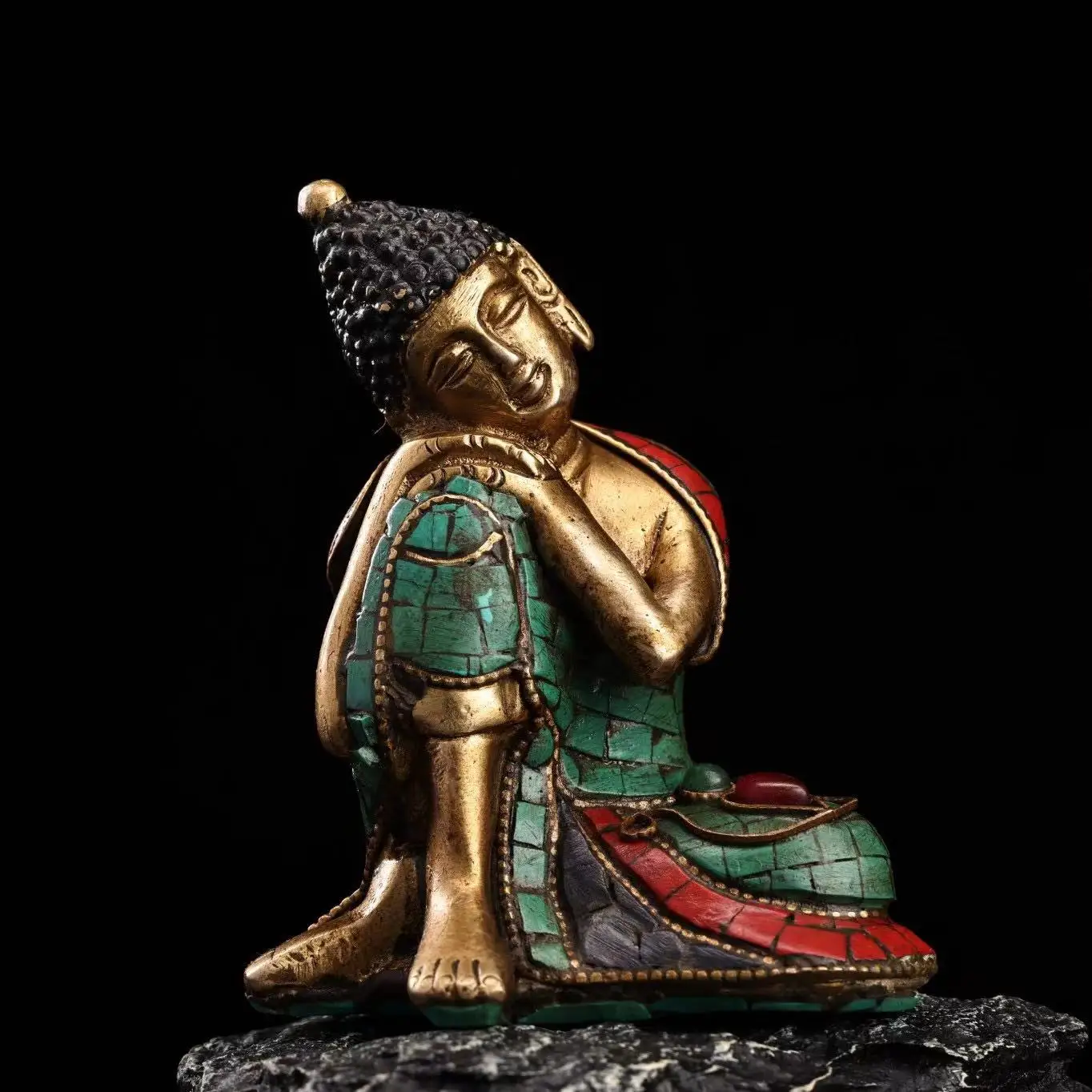 Rare  old copper Inlaid turquoise gemstone Buddha statue,#07