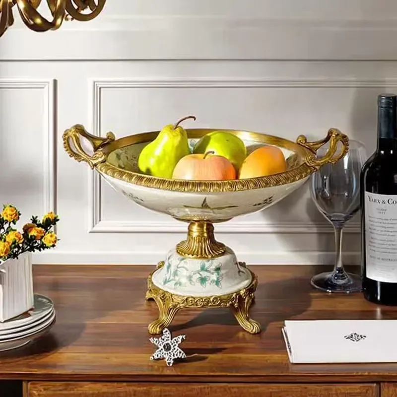 Luxury French Style Ceramic Fruit Bowl Antique Home Decor Candy Plate Brass Tall Foot Stand Art Craft Dish for Living Room
