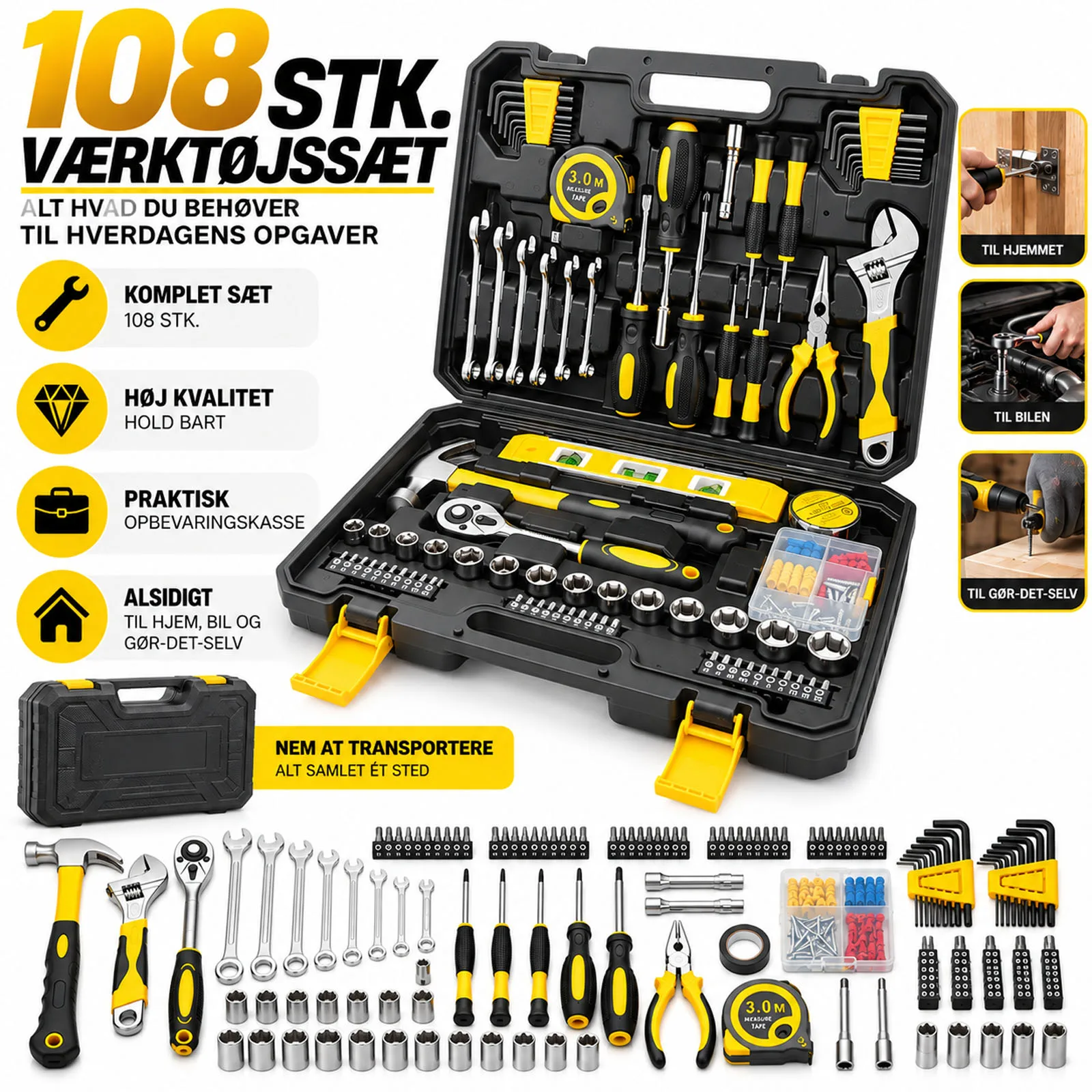 Set completo di 108 utensili per la riparazione domestica, con una vasta gamma di strumenti manuali multifunzionali e una scatola per riporli, ideale per progetti fai-da-te e per la manutenzione