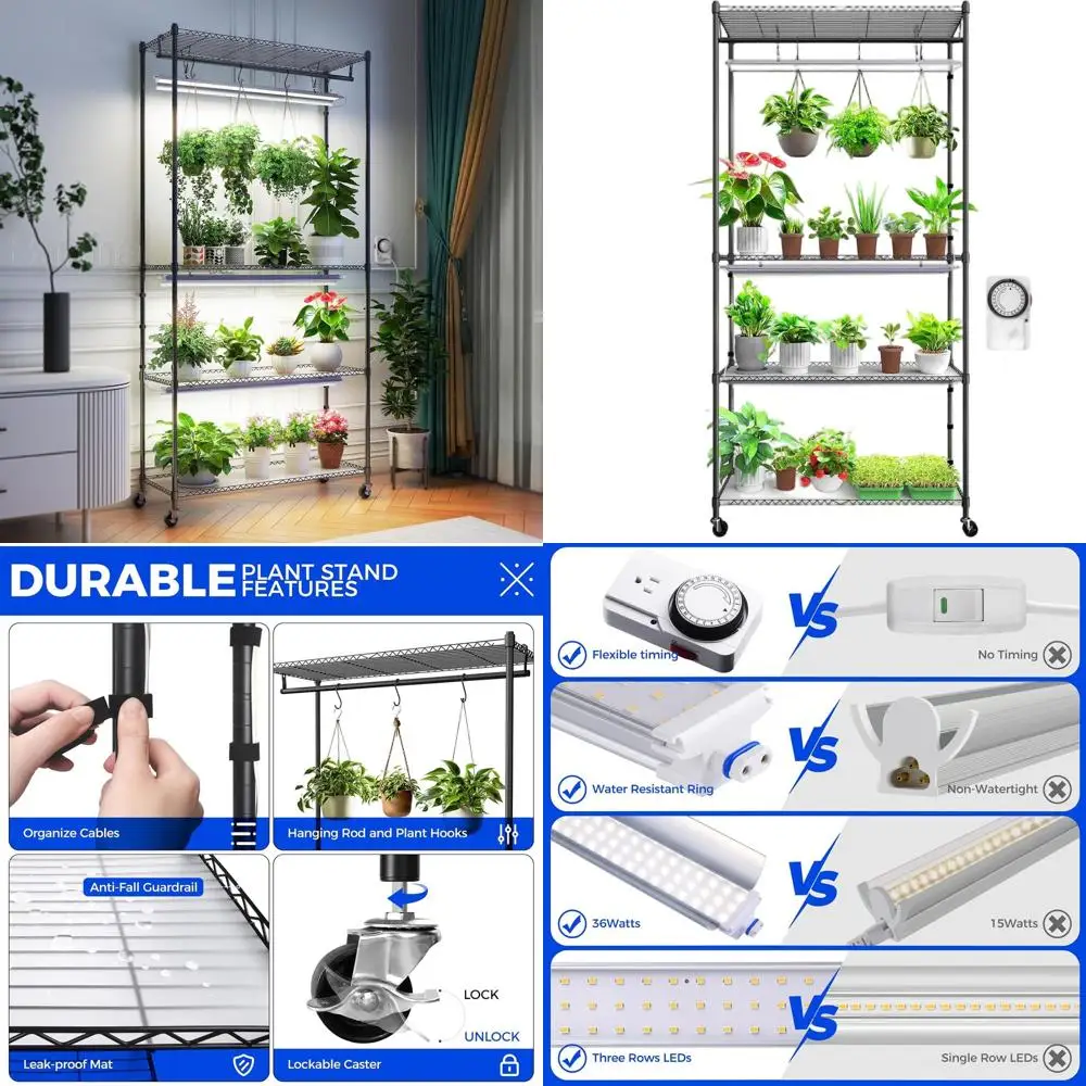 

4-ярусная подставка для комнатных растений с фитолампой полного спектра 108 Вт, механическим таймером, колесами, 35.4x13.8x70.9