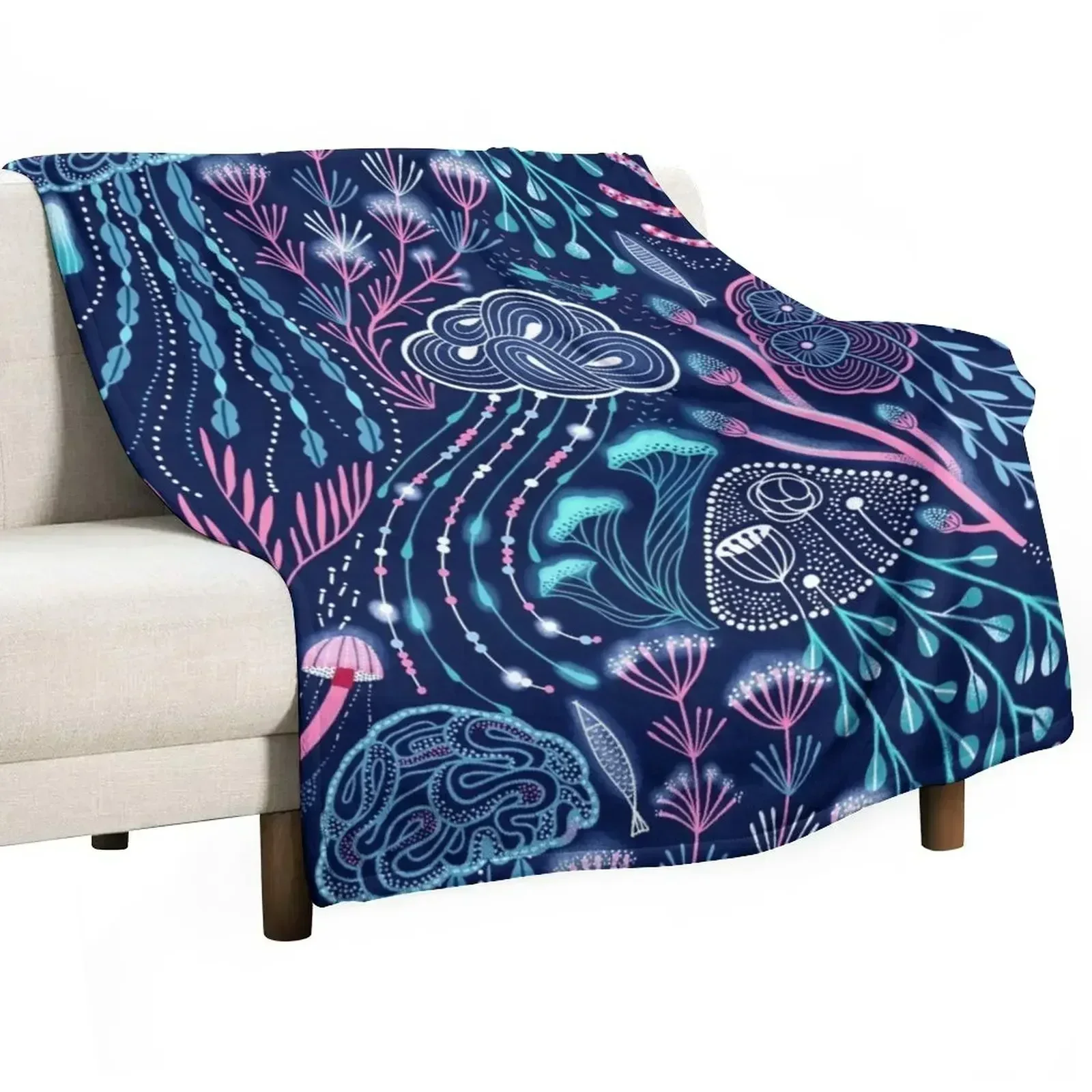 Bioluminescence jellyfish, mushrooms, mercat and corals Throw Blanket Flannel Fabric Luxury Thicken Soft Big Thins Blankets