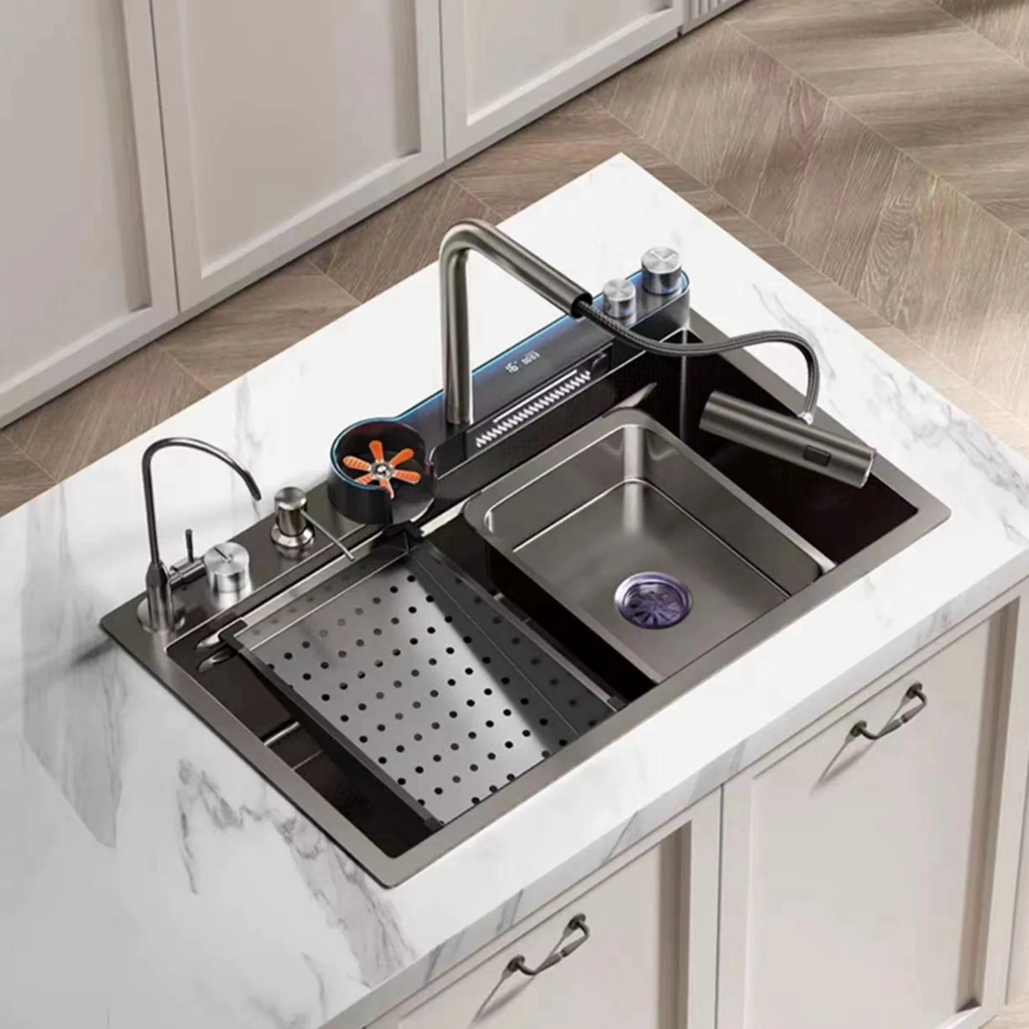 Integrated Waterfall Kitchen Sink Honeycomb Technology Large Digitial Display Stainless Steel Water Filter Cup Washer