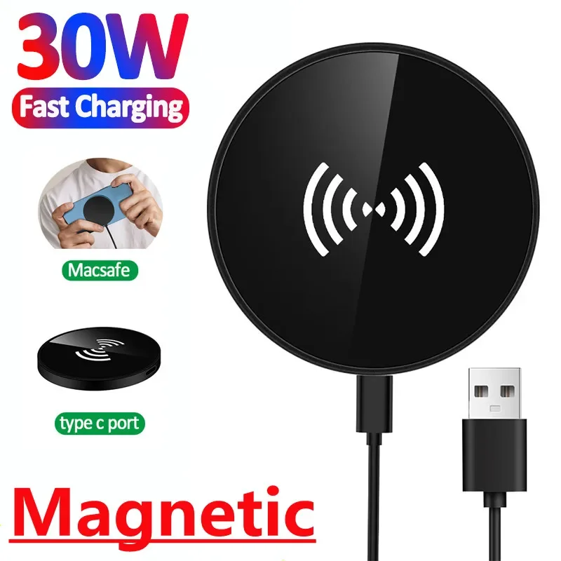 30W Magnetic Wireless Charger Pad Stand for iPhone 15 14 13 12 Pro Max Airpods 3/2 Pro USB Type C PD Phone Fast Charging Station