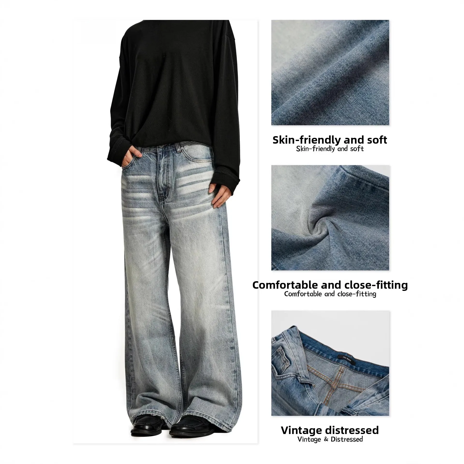 

American Retro Jeans Men's Casual Straight Leg Jeans Waed Denim Flared Pants Cotton Blend mid Waist Zipper Opening