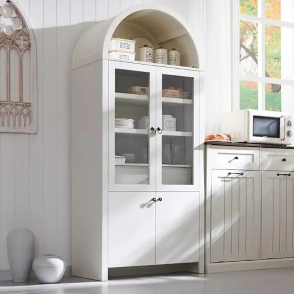 Tall Pantry Cabinet Open & Adjustable Shelves Hidden Drawer Glass Doors Modern Farmhouse Kitchen Storage Solution Arch Design