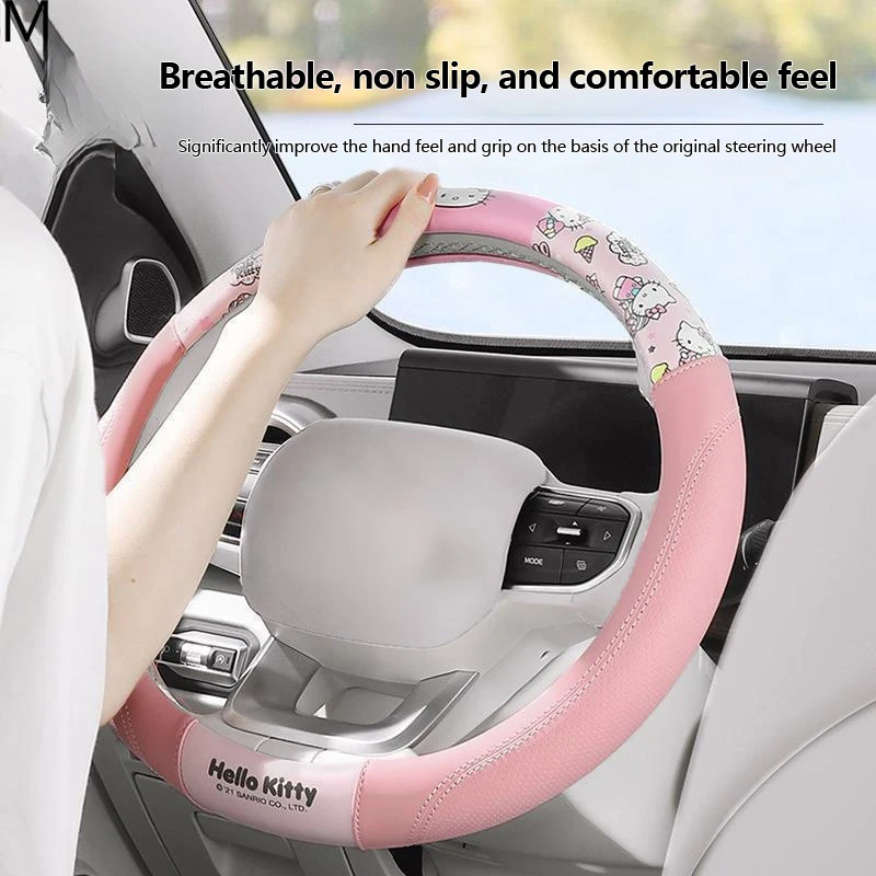 

Hello Kitty New Car Cute Creative Cartoon High-end Leather Comfortable Breathable Anti-slip Steering Wheel Cover For All Seasons