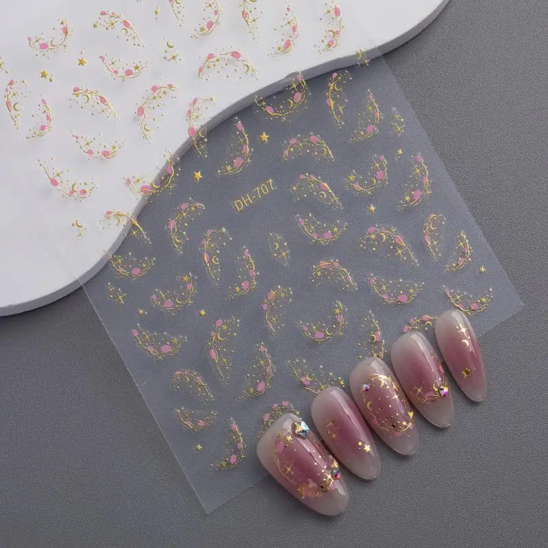 1 シートゴールドシルバースターライトネイルアートステッカー自己粘着月と星デカールマニキュアスライダークリエイティブネイルデコレーション用