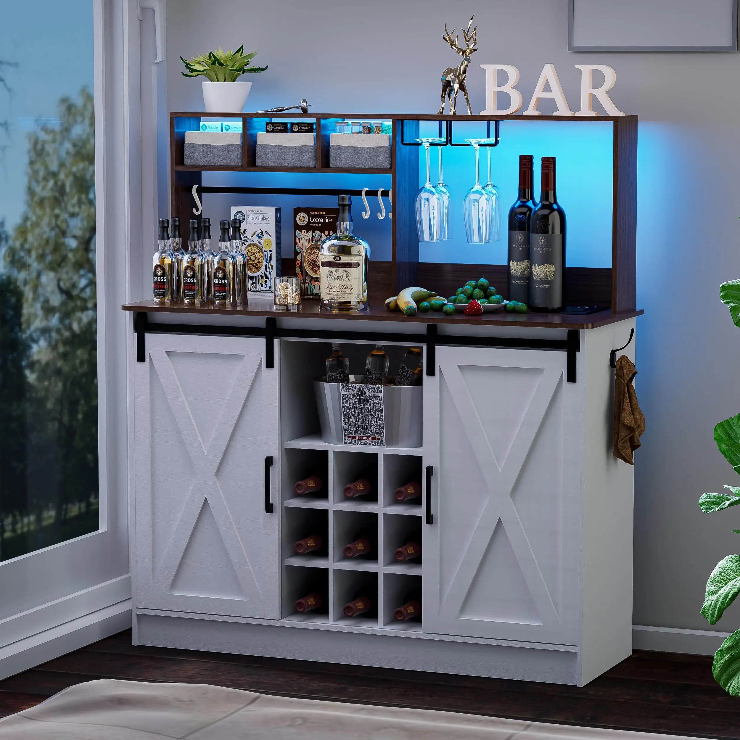 Coffee Bar With Storage Cabinet, 47'' Sideboard Buffet Cabinet With Sliding Barn Door, Adjustable Shelf And Wine Racks