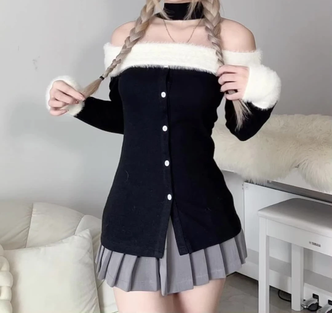 

Pure Desire Gentle Furry One Necked Breasted Knit Cardigan Contrasting Color Slim Fit Slimming Top Christmas