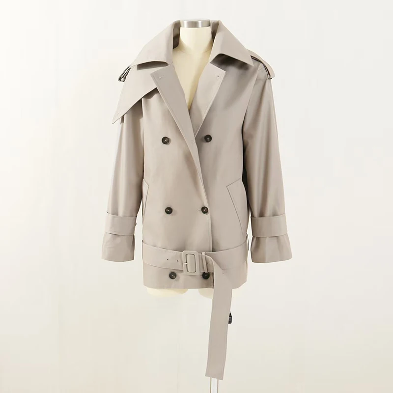 レトロな英国風レディースウインドブレーカー 2025年新作 ダブルブレスト ラペル ウエストシェイプ タイ付き ショートコート
