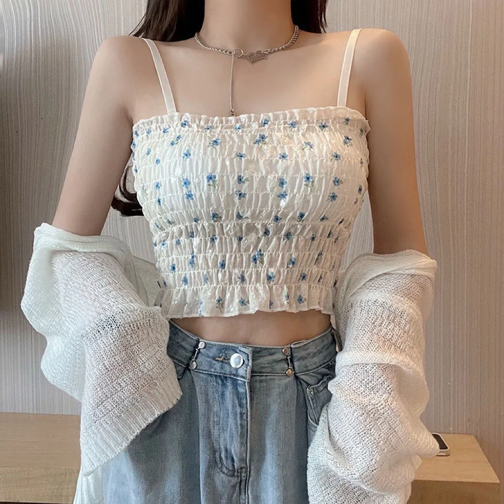 

Fashion Folds Spaghetti Strap Vest Floral With Padded Tank Top Built In Bra Corset Camisole Summer Girls Slim Fit Short Camis